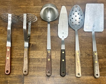 Vintage Robinson Knife Co Ladle, Slotted Spoon, Potato Masher, Carving Fork or Dessert Server, Wood Handle, Made in USA, Sold Individually