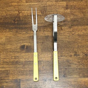 Vintage Ekco Flint Potato Masher or Carving Fork, Yellow Riveted Handle, Mid Century Modern Utensil, Sold Individually