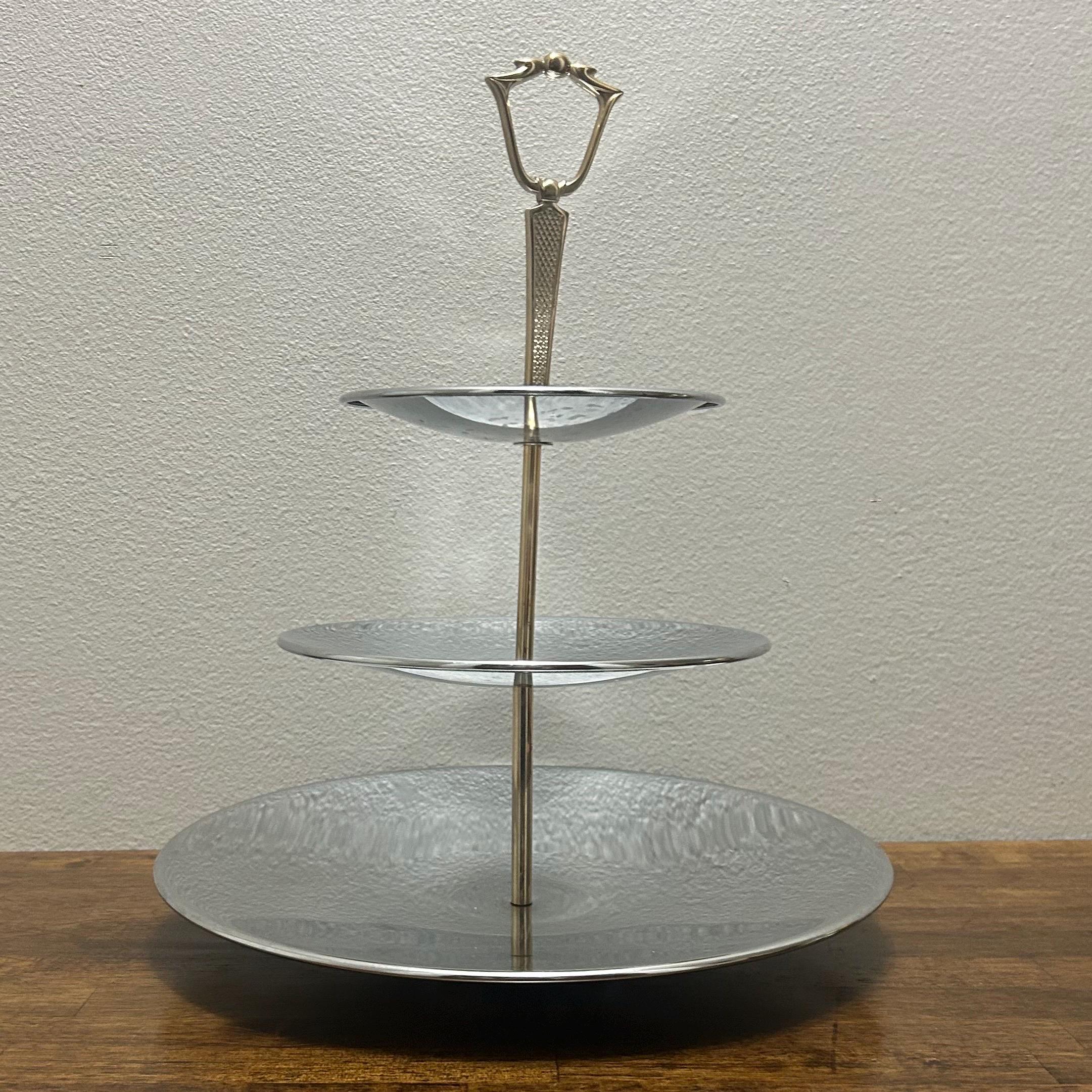 Vintage Kromex USA 3 Tier Dessert Stand, Hammered Aluminum Serving