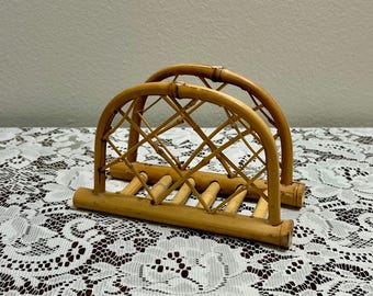 Vintage Bamboo Napkin Holder, Woven Rattan Tabletop Napkin Stand, Boho Coastal Kitchen Decor