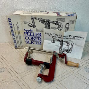 Vintage Red Cast Iron Apple Peeler Corer Slicer, Progressive, Counter Mounted, in Original Box