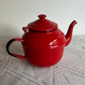 Red & Black Enamel Vintage Tea Kettle, Mid-Century Modern Teapot, Made in Poland