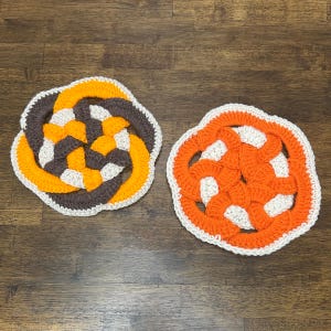 Vintage Hand Crocheted Hot Pad Set, Orange Brown & Cream Trivets, Retro Kitchen Pot Holders (Set of 2)