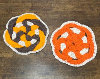 Juego de salvamanteles vintage tejidos a mano, en tonos naranja, marrón y crema, ideales para la cocina (juego de 2).