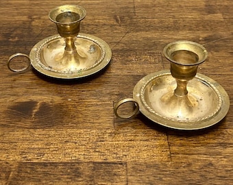 Vintage Brass Chamberstick Candlestick Pair, Finger Loop Taper Candle Holders, Colonial Style Decor