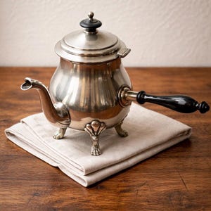 May include: A vintage silver-toned teapot with a black handle and lid finial. The teapot has a curved spout and sits on three decorative feet. It rests on a folded beige linen napkin, suggesting a tea service.