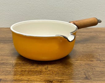 Vintage Le Creuset France Enameled Cast Iron Saucepan, Yellow Mustard Wood Handle Pour Spout Pot, Mid Century French Cookware