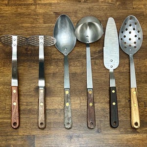 Vintage Robinson Wood Handle Stainless Ladle, Slotted Spoon, Potato Masher or Dessert Server, Made in USA, Sold Individually