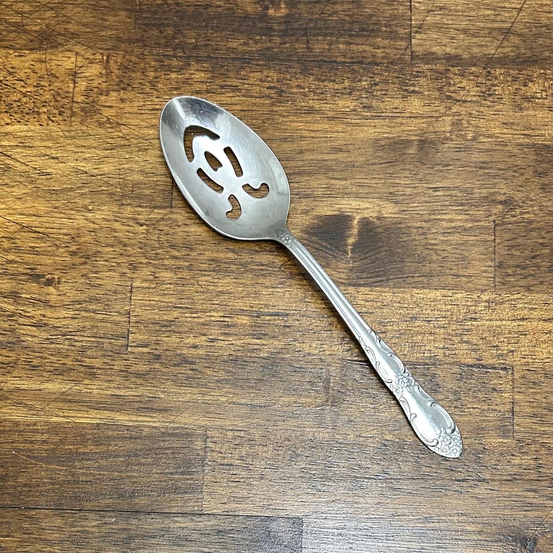 Vintage Floral Pierced Serving Spoon - Oneida Thor OHS103 Stainless ...