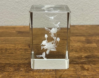Crystal Hummingbird Paperweight, 3D Etched Rose Glass Block, Bird Figurine, 3 Inch