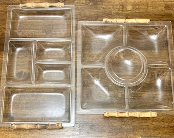 Vintage Lucite Serving Tray with Bamboo Handles, Divided Acrylic Snack Tray, Mid Century Modern Appetizer Platter, Sold Individually