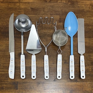 Vintage Ekco Blue Tulip Kitchen Utensil: Enamel Spoon, Spatula, Strainer or Knife