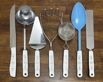 Vintage Ekco Blue Tulip Enamel Spoon, Flex Spatula, Strainer, Ladle or Knife, Sold Individually