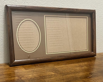 Vintage Double Picture Frame, Faux Wood Photo Frame, Oval & Rectangle Mat, Horizontal Family Photo Frame