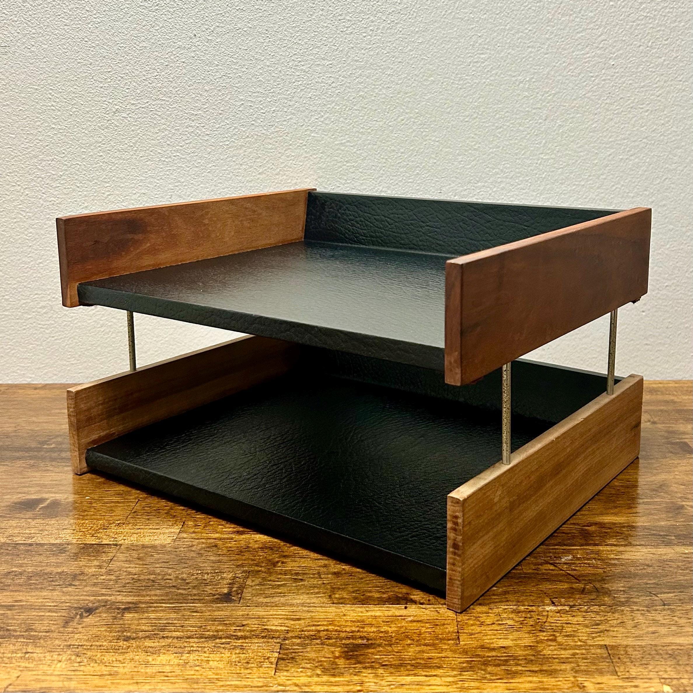 Vintage Mid Century Modern Desk Organizer, Two Tier Wood & Black