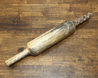 Rodillo de madera vintage, rodillo de madera rústico de 35,5 cm con mangos tallados, decoración rústica de cocina de granja.