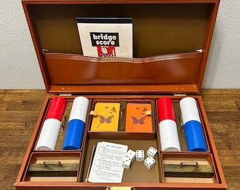 Vintage Card Game Set with Chips & Dice, Butterfly Playing Cards, Mid Century Travel Case, Bridge Poker Rummy, Gold Pencil