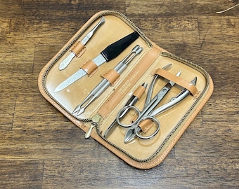 Vintage German Manicure Set, Top Grain Cowhide Travel Grooming Kit, Nail Care Tools in Zipper Case, Purse Nail Kit