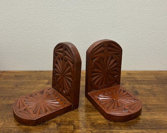 Sujetalibros de madera vintage tallados a mano, diseño de explosión atómica, sujetalibros de madera de estilo moderno de mediados de siglo, decoración retro para estantes.