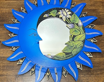 Vintage Celestial Sun Moon Mirror, Hand Painted Blue Wood Wall Mirror with Frog & Lily Pad Design, Boho Wall Decor