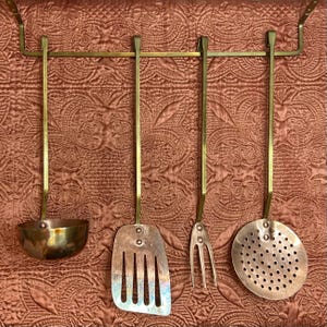 Hanging Vintage Copper and Brass Utensil Set - Ladle, Skimmer, Carving Fork and Spatula