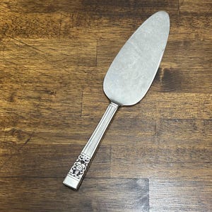 May include: A silver-toned metal cake server featuring a smooth, triangular blade and a handle with vertical ridges. The base of the handle is decorated with an intricate, embossed floral pattern that extends across the width of the metal surface.