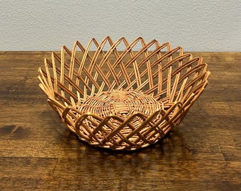 Vintage Rattan Fruit Basket, Open Lattice Woven Bowl, Boho Table Centerpiece, 9”