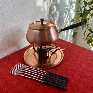 Vintage Solid Copper Fondue Pot with Brass Accents & Wood Forks
