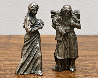 Vintage Bronze Miniature Figurines, Man Carrying Firewood and Woman with Basket, Folk Art Figures, 2.75 Inch