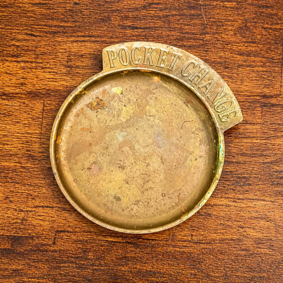 Vintage Brass Pocket Change Tray, 5” Round Catchall Dish, Mid
