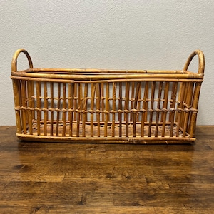 Vintage Bamboo Rattan Planter Basket, Long Cane Trough Cachepot, Boho Coastal Plant Holder, MCM Magazine Rack