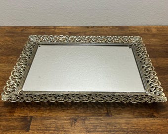 Vintage Ornate Mirrored Vanity Tray, Gold & Silver Tone Filigree Gallery Tray, Hollywood Regency Perfume Tray, Florentine Style Display