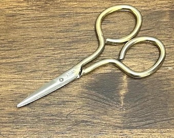Vintage Gold Tone Embroidery Scissors, Made in Germany Sewing Snips, Curved Handle Needlework Shears