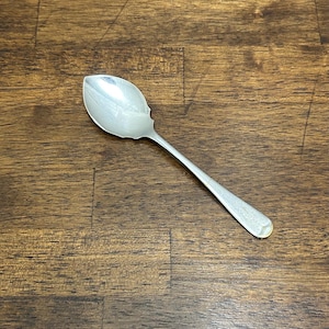 Puede incluir: Una cuchara plateada con un cuenco en forma de hoja y un mango largo y delgado. La cuchara descansa sobre una superficie de madera marrón oscura, mostrando sus cualidades reflectantes. El diseño de la cuchara es simple y elegante.