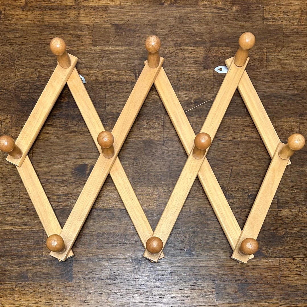 Vintage Expandable Coat Rack, Wood Accordion Wall Hanger, 10 Hooks ...