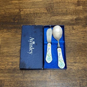 May include: A silver-plated butter knife and spoon set with white ceramic handles featuring a colorful floral pattern. The utensils are presented in a dark blue rectangular box with the brand name Aynsley printed in white on the lid.