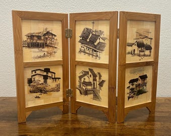Biombo plegable de bambú vintage, escena de pueblo asiático pintada a mano, arte en panel de bambú, decoración de biombo plegable de mesa