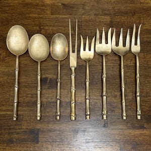 Vintage Brass Bamboo Serving Utensil Set: Thailand-Made Casserole Spoons & Forks