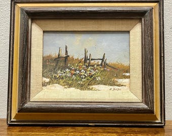 Vintage Original Landscape Painting, Framed Wildflower Meadow Art, Rustic Fence Cottage Country Oil Painting