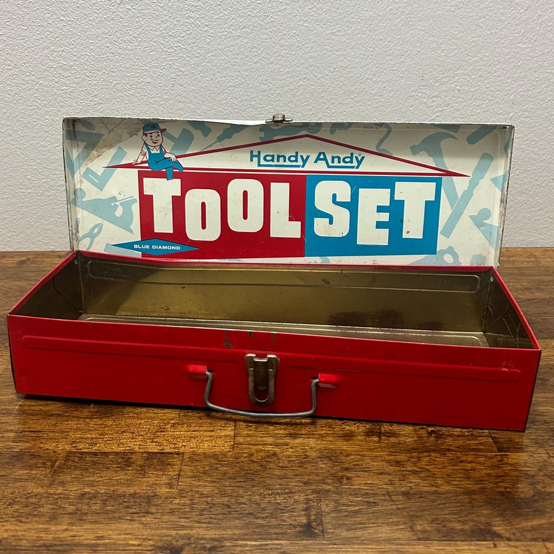 Vintage Handy Andy Tool Box, Blue Diamond Tool Set Case, Red Metal Tin ...