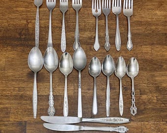Vintage Mismatched Flatware Set - Rose, Floral - Mix and Match Eclectic Boho Stainless Steel Silverware, Service for 4