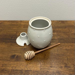 Vintage Ceramic Honey Pot: Light Grey Studio Pottery with Wooden Dipper