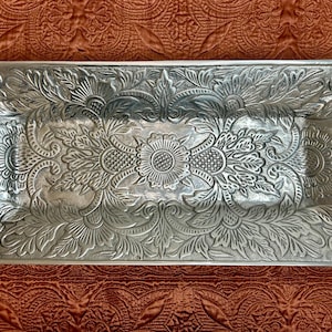 Large Vintage Embossed Ornate Floral Serving Platter 19”, Made in India