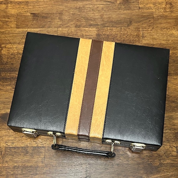 Vintage Travel Backgammon Set, Black Faux Leather Briefcase Game