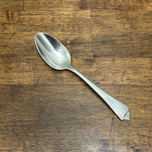 May include: A silver spoon with a rounded bowl and a long handle. The handle features a decorative design near the end. The spoon is set against a dark wood surface.