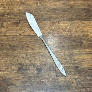 May include: A silver butter knife with a floral design on the handle. The blade is wide and flat, and the handle features a delicate flower and leaf pattern. The knife is set against a wooden background.