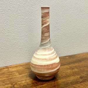 Vintage Asian Studio Pottery Bud Vase, Signed Stoneware Bottle Vase, Brown & Cream Swirl Ceramic Vase, Minimalist Decor