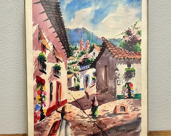 Vintage Mexican Village Watercolor Painting, Signed Guerrero Original Art, Acrylic Shadow Box Frame, 11x14