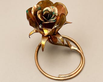 Vintage Copper Rose Sculpture, Handmade Metal Flower, Brutalist Decor, 7th Anniversary Gift, 6.5”