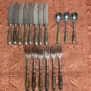 May include: A collection of vintage silverware, including knives, forks, and spoons. The knives have stainless steel blades and wooden handles. The forks and spoons have stainless steel tines and bowls with matching wooden handles. The silverware is arranged on a textured, rust-colored surface.